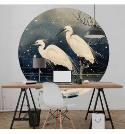 Round Wall Mural - Herons over a winter pond - Japanese-style illustration in dark colours