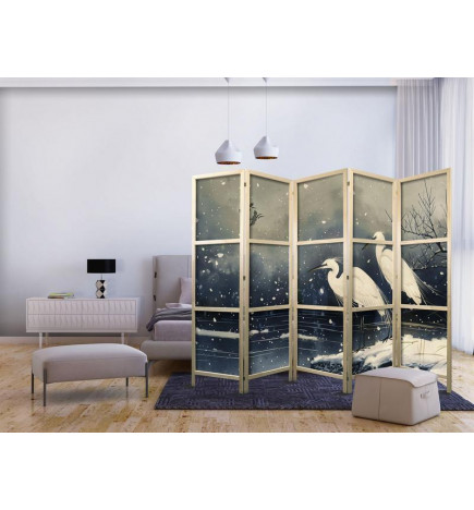 Paravan japonez - Herons over a winter pond - Japanese-style illustration in dark colours