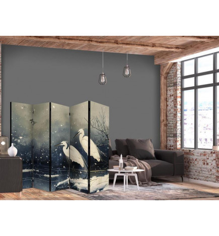 Room Divider - Herons over a winter pond - Japanese-style illustration in dark colours