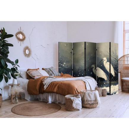 Paravan - Herons over a winter pond - Japanese-style illustration in dark colours