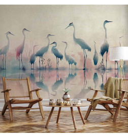 Fototapetti - Birds by the lake - herons painted in watercolour in delicate grey and pink colours