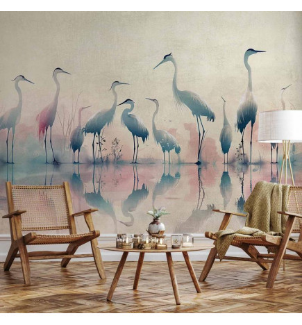 Fototapeet - Birds by the lake - herons painted in watercolour in delicate grey and pink colours