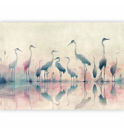 Fototapetas - Birds by the lake - herons painted in watercolour in delicate grey and pink colours