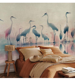 Wall Mural - Birds by the lake - herons painted in watercolour in delicate grey and pink colours