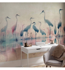 Fototapeta - Birds by the lake - herons painted in watercolour in delicate grey and pink colours