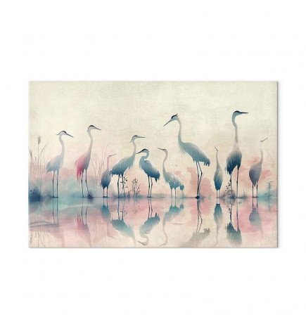 Tableau XXL - Birds by the lake - herons painted in watercolour in delicate grey and pink colours