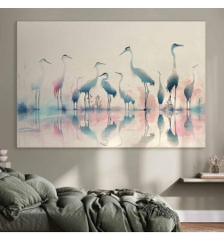 XXL-kuva - Birds by the lake - herons painted in watercolour in delicate grey and pink colours