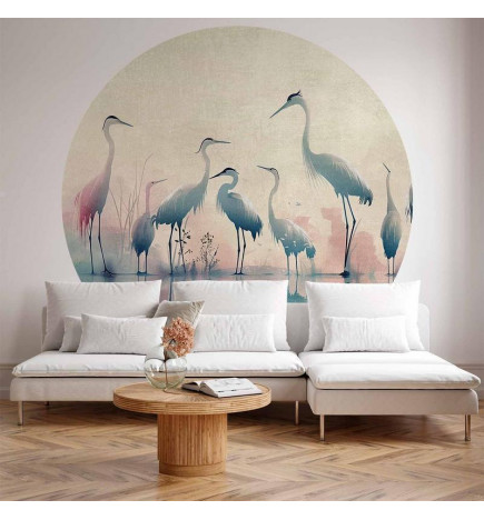 Papier Peint rond - Birds by the lake - herons painted in watercolours in delicate grey and pink colours