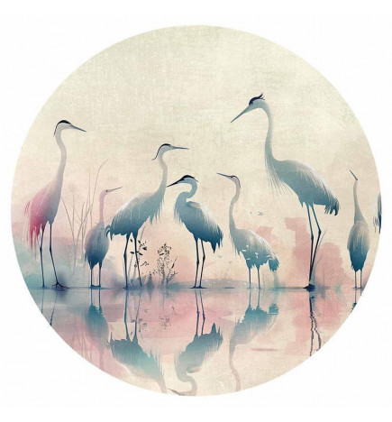 Mural de parede redondo - Birds by the lake - herons painted in watercolours in delicate grey and pink colours