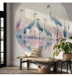 Apaļā fototapete - Birds by the lake - herons painted in watercolours in delicate grey and pink colours