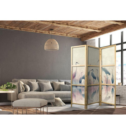 Paravan japonez - Birds by the lake – herons painted in watercolours in delicate grey and pink colours