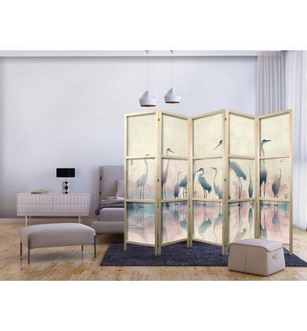 Japonska pregrada - Birds by the lake – herons painted in watercolours in delicate grey and pink colours
