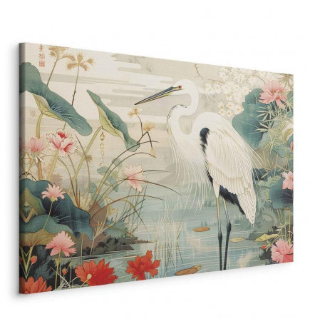 Quadro - By an Asian pond - an illustration in the style of a Japanese engraving, depicting a heron