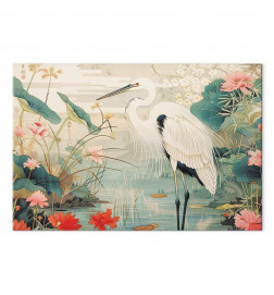 Cuadro - By an Asian pond - an illustration in the style of a Japanese engraving, depicting a heron