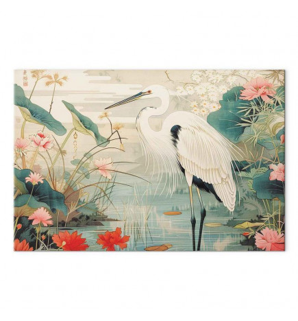 Seinapilt - By an Asian pond - an illustration in the style of a Japanese engraving, depicting a heron