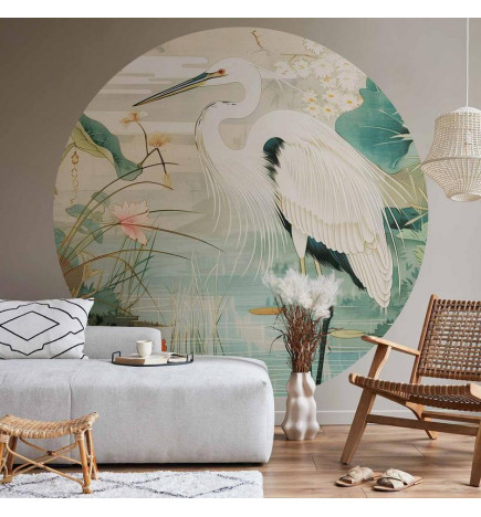 Apaļā fototapete - By an Asian pond - an illustration in the style of a Japanese engraving, depicting a heron