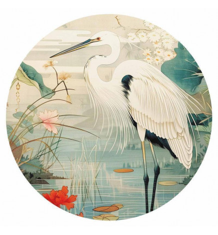 Mural de parede redondo - By an Asian pond - an illustration in the style of a Japanese engraving, depicting a heron
