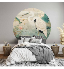 Mural de parede redondo - By an Asian pond - an illustration in the style of a Japanese engraving, depicting a heron