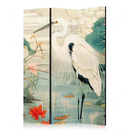 Biombo - By an Asian pond - an illustration in the style of a Japanese engraving, depicting a heron