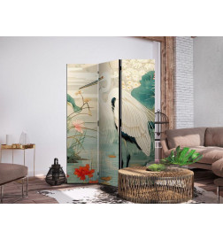 Paravento - By an Asian pond - an illustration in the style of a Japanese engraving, depicting a heron