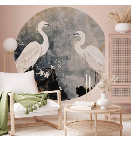 Pyöreä seinämaalaus - Herons and cherry blossoms - oriental-style illustration depicting birds