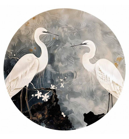 Pyöreä seinämaalaus - Herons and cherry blossoms - oriental-style illustration depicting birds