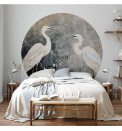 Round Wall Mural - Herons and cherry blossoms - oriental-style illustration depicting birds