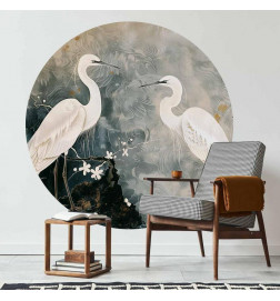 Round Wall Mural - Herons and cherry blossoms - oriental-style illustration depicting birds