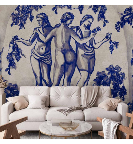 Mural de parede - Ancient vineyard - three women in a portal painted with blue ink