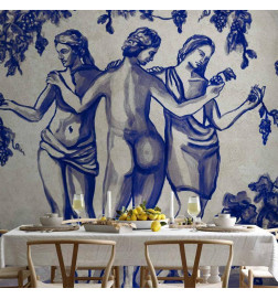 Fotobehang - Ancient vineyard - three women in a portal painted with blue ink