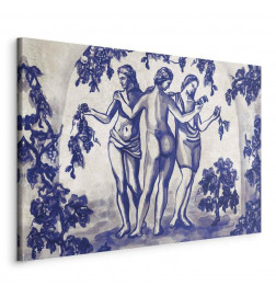 Leinwandbild - Ancient vineyard - three women in a portal painted with blue ink