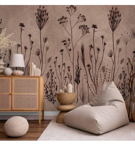 Fototapeta - Wildflowers – black plants on lime-wash background