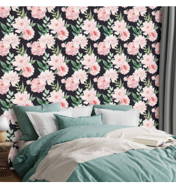 Behang - Peonies on graphite background