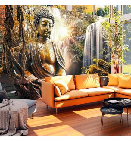 Fotomurale col buddha dorato e una cascata - Arredalacasa