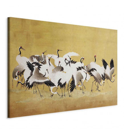Cuadro XXL - Japanese cranes - a flock of birds against a golden background based on a painting by Ishida Yūtei