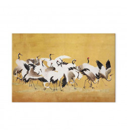Wandbild XXL - Japanese cranes - a flock of birds against a golden background based on a painting by Ishida Yūtei