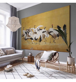 Cuadro XXL - Japanese cranes - a flock of birds against a golden background based on a painting by Ishida Yūtei