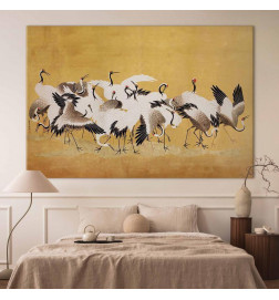 Groot XXL schilderij - Japanese cranes - a flock of birds against a golden background based on a painting by Ishida Yūte
