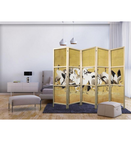 Japanese Room Divider - Japanese cranes - a flock of birds against a golden background based on a painting by Ishida Yūt