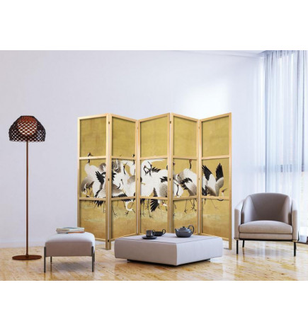 Paravan japonez - Japanese cranes - a flock of birds against a golden background based on a painting by Ishida Yūtei