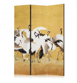 Paravento - Japanese cranes - a flock of birds against a golden background based on a painting by Ishida Yūtei