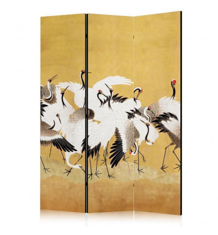 Paravent - Japanese cranes - a flock of birds against a golden background based on a painting by Ishida Yūtei