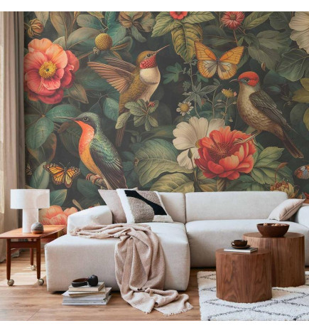 Fototapeta - Flowers, birds and butterflies – vintage-style illustration