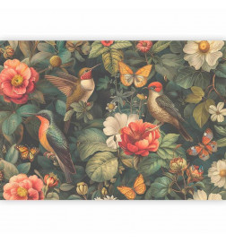 Fototapet - Flowers, birds and butterflies – vintage-style illustration