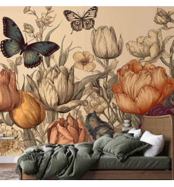 Fototapet - Colourful tulips on a cream background