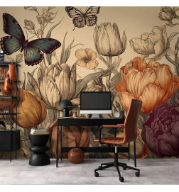 Mural de parede - Colourful tulips on a cream background