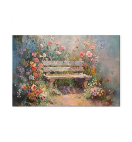Wandbild XXL - Flowery bench - impressionist painting full of flowers