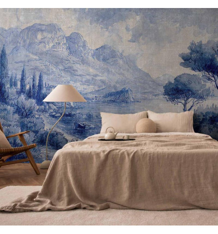 Mural de parede - Blue Bay - Italian landscape of Lake Como painted with blue ink