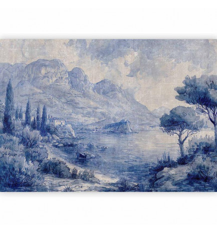 Foto tapete - Blue Bay - Italian landscape of Lake Como painted with blue ink