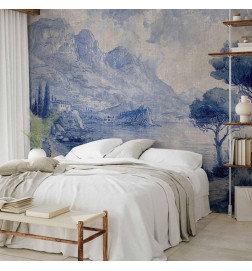 Papier peint - Blue Bay - Italian landscape of Lake Como painted with blue ink